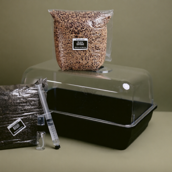 A product image depicting an all in one mushroom grow kit bundle from Shiny Spores.