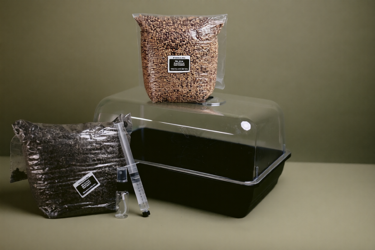 A product image depicting an all in one mushroom grow kit bundle from Shiny Spores.