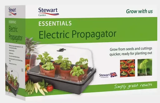 A product image of a box featuring an electric propagator from Stewart Essentials suitable for mycology.