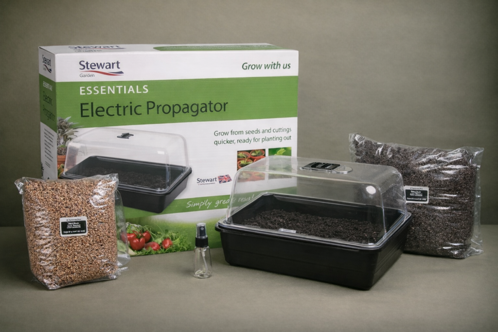 A mycology product photo showcasing a Stewart branded Electric Mushroom Fruiting Chamber alongside a MonoGrow MonoTub, CVG Substrate and a Mushroom Millet Grain Grow Bag