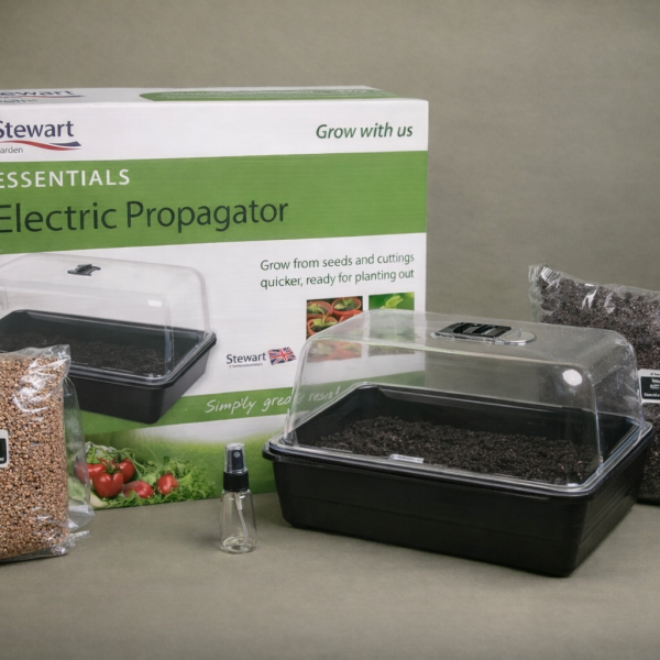 A mycology product photo showcasing a Stewart branded Electric Mushroom Fruiting Chamber alongside a MonoGrow MonoTub, CVG Substrate and a Mushroom Millet Grain Grow Bag