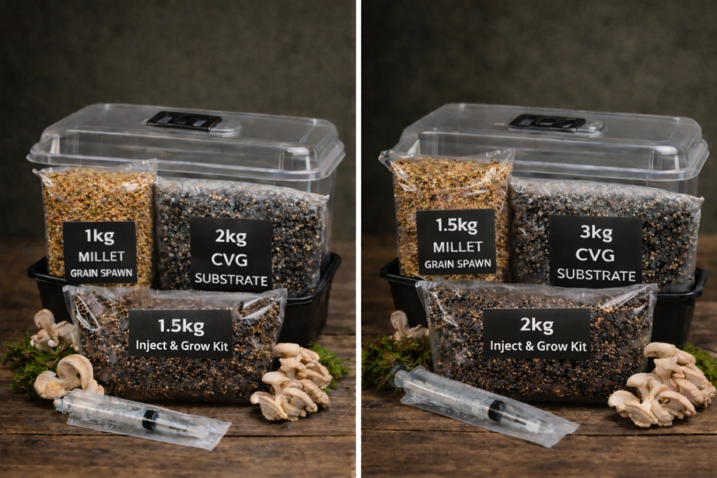 A product photo showing side-by-side products in a bundle with a regular size and large size bundle of a mushroom growing monotub, CVG, Millet Grain and Grow Kit in a Regular and Large size.