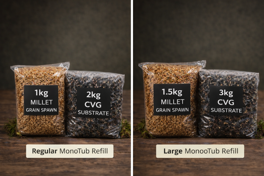 A side-by-side product image depicting the regular sized 1kg Millet Grain + 2kg CVG Substrate Regular Refill Pack to the left shows a 1.5kg Millet Grain + 3kg CVG Substrate for the Large Monotub Refill Pack