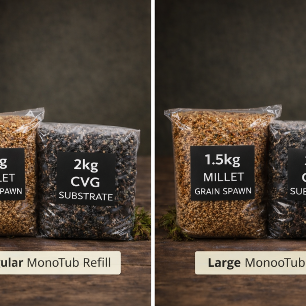 A side-by-side product image depicting the regular sized 1kg Millet Grain + 2kg CVG Substrate Regular Refill Pack to the left shows a 1.5kg Millet Grain + 3kg CVG Substrate for the Large Monotub Refill Pack