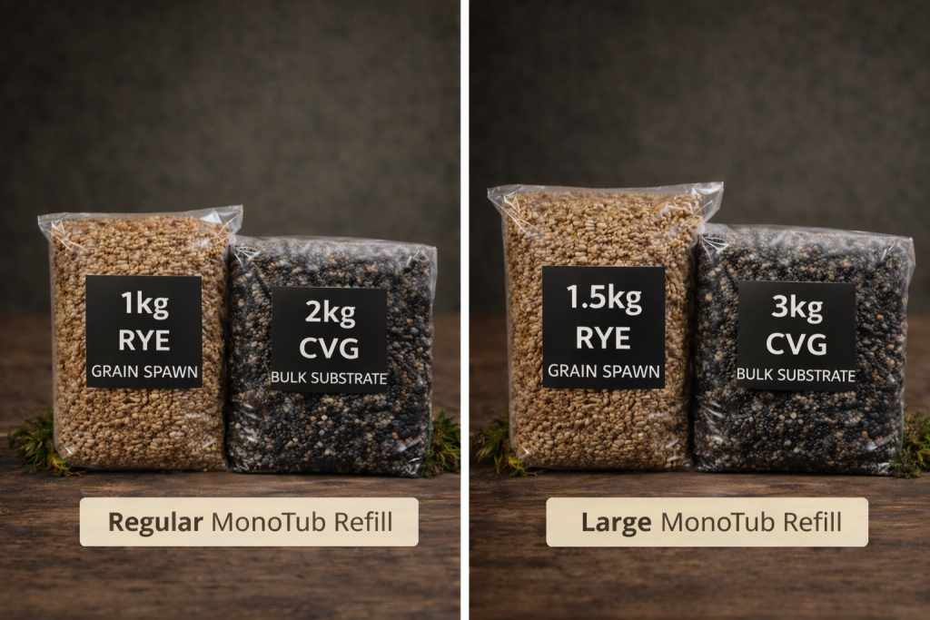 A side-by-side product image depicting the regular sized 1kg Rye Grain + 2kg CVG Substrate Regular Refill Pack to the left shows a 1.5kg Rye Grain + 3kg CVG Substrate for the Large Monotub Refill Pack