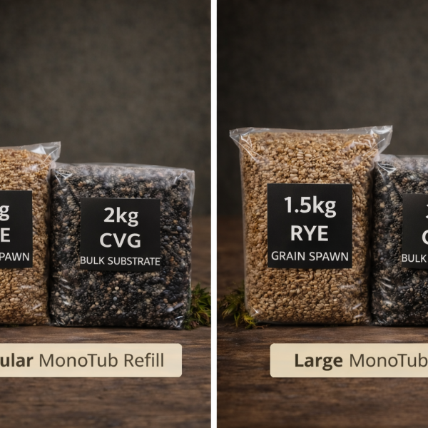 A side-by-side product image depicting the regular sized 1kg Rye Grain + 2kg CVG Substrate Regular Refill Pack to the left shows a 1.5kg Rye Grain + 3kg CVG Substrate for the Large Monotub Refill Pack