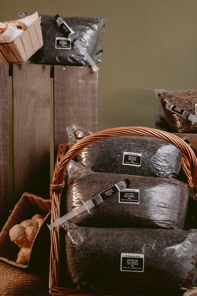 A product photo depicting some mushroom grow kits stacked together.