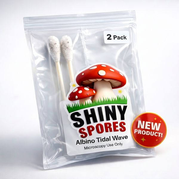 A product image depicting 2 mushroom spore swabs in a packet featuring the Shiny Spores logo and a New Product sticker. The strain is Albino Tidal Wave