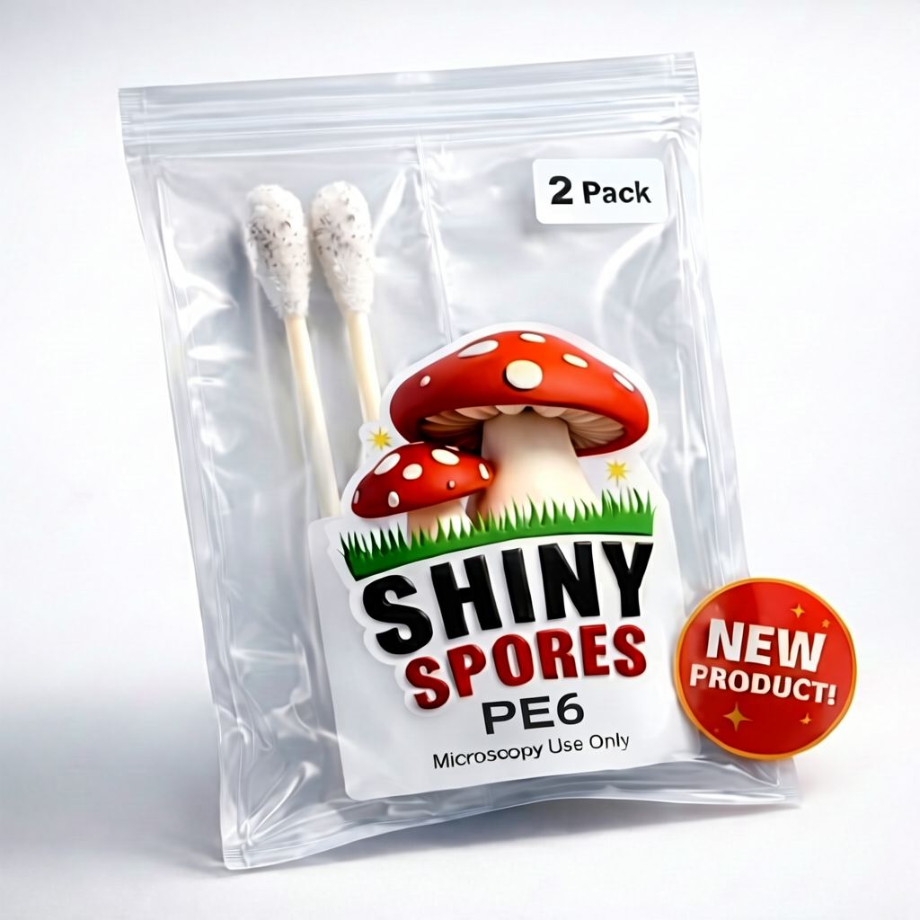 A product image depicting 2 mushroom spore swabs in a packet featuring the Shiny Spores logo and a New Product sticker. The strain is PE6